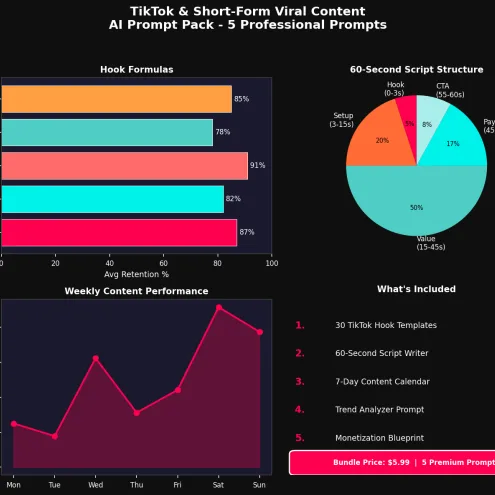 5 TikTok Viral Content Prompts: Hooks, Scripts, Hashtags, Calendar & Profile Optimizer