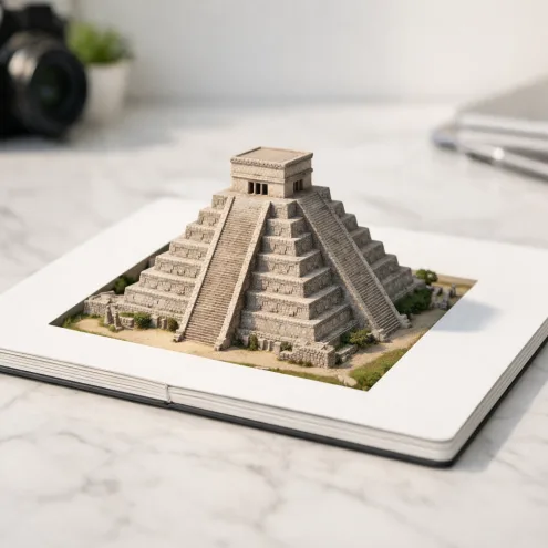 Photorealistic miniature Big Ben clock tower emerging from an open A4 notebook on desk – travel planning concept