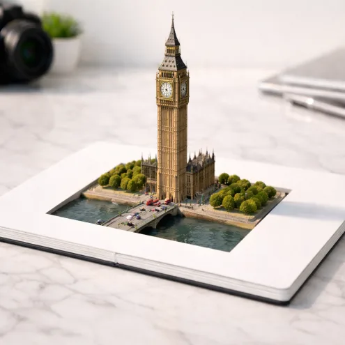Photorealistic miniature Big Ben clock tower emerging from an open A4 notebook on desk – travel planning concept